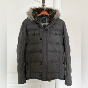 Ted Baker London Men’s Gray Quilted Hooded Puffer with Faux Fur Trim - Size 4